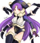  1girl bangs black_legwear breasts brown_gloves extra_eyes fur_trim gloves hat highleg highleg_leotard insect_girl large_breasts leotard long_hair long_sleeves looking_at_viewer noir_(rance) parted_bangs parted_lips purple_hair rance_(series) red_eyes sengoku_rance simple_background solo spider_girl tetsu_(kimuchi) thigh-highs thigh_gap white_background 