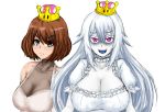  2girls :d artist_request blue_tongue breasts brown_hair cleavage dress eyebrows_visible_through_hair frown goomba grey_eyes large_breasts looking_at_viewer super_mario_bros. multiple_girls new_super_mario_bros._u_deluxe nintendo open_mouth pale_skin princess_king_boo puffy_short_sleeves puffy_sleeves see-through sharp_teeth short_sleeves sketch smile super_crown teeth thick_eyebrows upper_body violet_eyes white_background white_dress white_hair 