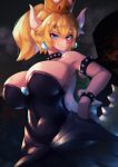  1girl 307_(aho307) armpits black_dress blonde_hair blue_eyes blush bowsette bracelet breasts collar commentary_request covered_navel crown dress eyebrows_visible_through_hair grin hand_on_hip highres horns huge_breasts jewelry looking_at_viewer new_super_mario_bros._u_deluxe ponytail sharp_teeth smile solo sparks spiked_bracelet spiked_collar spikes standing strapless strapless_dress super_crown tail teeth 