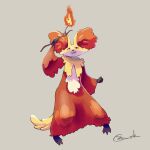  1other :3 animal_ear_fluff animal_ears animal_nose arm_up artist_name body_fur closed_mouth commentary_request delphox fire fox_ears fox_tail full_body grey_background happy highres holding holding_stick legs_apart looking_up other_focus pokemon pokemon_(creature) pyrokinesis red_eyes red_fur signature simple_background smile solo standing stick tail white_fur yellow_fur zigrock 