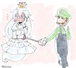  1boy 1girl artist_name blush brown_hair commentary crown dress ear_blush earrings embarrassed facial_hair flying_sweatdrops frills full-face_blush ghost_tail gloves hair_between_eyes hand_holding hand_on_own_cheek hat jewelry long_hair looking_away luigi luigi&#039;s_mansion super_mario_bros. mustache new_super_mario_bros._u_deluxe nintendo nose overalls panzuban pink_eyes pointy_ears princess_king_boo puffy_short_sleeves puffy_sleeves scratching_cheek short_sleeves simple_background sketch smile super_crown sweatdrop twitter_username very_long_hair wavy_mouth white_dress white_gloves white_hair white_skin 