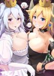  2girls bare_shoulders black_dress blonde_hair blue_eyes blush bowsette bracelet breast_press breasts cleavage closed_mouth collarbone dress earrings elbow_gloves eyebrows_visible_through_hair gloves hand_on_hip highres horns jewelry kanzaki_kureha large_breasts long_hair looking_at_viewer super_mario_bros. multiple_girls new_super_mario_bros._u_deluxe nintendo parted_lips princess_king_boo short_hair short_ponytail smile symmetrical_docking teeth violet_eyes white_dress white_gloves white_hair 