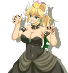  1girl bare_shoulders blonde_hair blue_eyes bowsette bracelet breasts cleavage collar crown dress earrings grin highres horns jewelry large_breasts long_hair looking_at_viewer super_mario_bros. nintendo ponytail sharp_teeth smile solo spiked_bracelet spiked_collar spikes super_crown teeth 