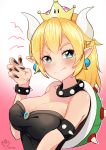  1girl absurdres bare_shoulders blonde_hair blue_eyes bowsette bracelet breasts cleavage collar crown dress earrings fang highres horns jewelry large_breasts looking_at_viewer super_mario_bros. nintendo ponytail solo spiked_bracelet spiked_collar spikes super_crown 