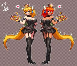  2girls bare_shoulders black_dress blonde_hair bowsette bracelet breasts collar crown dark-skin dress garters jewelry large_breasts super_mario_bros. multiple_girls new_super_mario_bros._u_deluxe nintendo pixel_art redhead sevenran spiked_bracelet spiked_collar spikes super_crown tail thigh-highs 