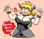  1girl artist_name azuki_osamitsu blonde_hair blue_eyes bow bowsette bracelet breasts cleavage collar commentary_request crown dress earrings english genderswap genderswap_(mtf) grin hands_up heart horn_bow horns jewelry large_breasts long_hair super_mario_bros. mini_crown new_super_mario_bros._u_deluxe nintendo open_mouth pink_background sharp_teeth smile solo spiked_armlet spiked_bracelet spiked_collar spikes strapless strapless_dress teeth turtle_shell 