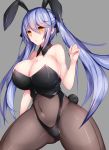  1girl :t alternate_costume animal_ears azur_lane bangs bare_shoulders black_ribbon blue_hair blush bodystocking braid breasts bunny_girl bunny_tail bunnysuit cleavage collar commentary covered_navel essex_(azur_lane) eyebrows_visible_through_hair fake_animal_ears fake_tail floating_hair french_braid gluteal_fold hair_ribbon hand_up highres large_breasts long_hair looking_at_viewer monotosu pout rabbit_ears ribbon simple_background solo tail twintails upper_body yellow_eyes 