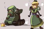  1girl :o armor armored_dress black_gloves blonde_hair brown_footwear cannon elbow_gloves gloves goggles ground_vehicle jsketch12 looking_at_viewer super_mario_bros. military military_vehicle motor_vehicle multiple_views new_super_mario_bros._u_deluxe nintendo personification pouch sherm_(mario) shoulder_armor spiked_belt standing super_mario_odyssey tank transformation 