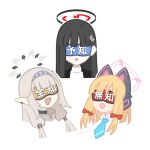  3girls black_hair blonde_hair blue_archive blunt_bangs bow chestnut_mouth collared_shirt commentary covered_eyes cropped_shoulders eye_mask facing_viewer grey_hair hair_bow hair_over_shoulder hair_tubes halo himari_(blue_archive) long_hair low_tied_sidelocks mildtaste momoi_(blue_archive) multiple_girls multiple_hair_bows open_mouth red_bow rio_(blue_archive) shirt simple_background smile sweater symbol-only_commentary translation_request turtleneck turtleneck_sweater twitter_username white_background white_sweater 