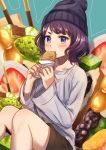  1girl :t bangs beanie black_hat black_shorts blue_background blush closed_mouth collarbone commentary_request dotted_line eating eyebrows_visible_through_hair fate/grand_order fate_(series) food fruit hat highres holding holding_food ice_cream in_food katsushika_hokusai_(fate/grand_order) kurono_kito looking_at_viewer minigirl pocky purple_hair shirt short_shorts shorts simple_background sitting solo strawberry taiyaki violet_eyes wagashi white_shirt 