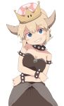  1girl armlet bangs bare_shoulders black_dress blonde_hair blue_eyes blush borrowed_design bowsette bracelet breasts cleavage collar collarbone crown dokan_(dkn) dress earrings eyebrows_visible_through_hair genderswap genderswap_(mtf) hair_between_eyes horns jewelry looking_at_viewer super_mario_bros. new_super_mario_bros._u_deluxe nintendo open_mouth pointy_ears sharp_teeth simple_background smile spiked_bracelet spiked_collar spikes standing strapless strapless_dress super_crown super_mario_bros. teeth white_background 