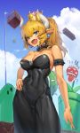  1girl absurdres armpits bare_shoulders blonde_hair blue_eyes bowsette bracelet breasts cleavage collar crown dress earrings fang highres horns jewelry large_breasts looking_at_viewer super_mario_bros. nintendo piranha_plant ponytail romana shell solo spiked_bracelet spiked_collar spikes super_crown tail 