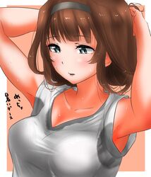  1girl armpits blue_eyes blush breasts brown_hair eyebrows_visible_through_hair headband highres kantai_collection kongou_(kantai_collection) large_breasts long_hair open_mouth shirt solo sweat sweatdrop tama_(seiga46239239) wet wet_clothes white_shirt 