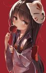  1girl bangs blush bow brown_hair candy_apple closed_mouth darnell eyebrows_visible_through_hair fingernails floral_print food fox_mask hair_between_eyes highres holding holding_food japanese_clothes kimono long_hair long_sleeves looking_at_viewer mask mask_on_head obi original print_kimono red_background red_bow red_eyes red_kimono sash simple_background sleeves_past_wrists solo tongue tongue_out very_long_hair wide_sleeves 