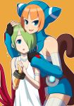 2girls aka_(s3637) blue_eyes breasts breath_of_fire breath_of_fire_v capcom cat_tail commentary_request dress full_body_tattoo green_hair hair_over_one_eye jewelry lin_(breath_of_fire) multiple_girls nina_(breath_of_fire_v) red_wings ribbed_sweater short_hair sweater tail tattoo white_dress wings