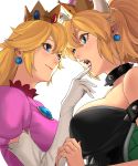  2girls backlighting black_dress black_nails blonde_hair blue_eyes blush borrowed_design bowsette bracelet breasts brooch collar commentary_request dress earrings elbow_gloves face-to-face gem gloves hair_between_eyes highres horns jewelry large_breasts long_hair looking_at_another super_mario_bros. multiple_girls nail_polish new_super_mario_bros._u_deluxe nintendo open_mouth pink_dress pointy_ears ponytail princess_peach puffy_short_sleeves puffy_sleeves sharp_teeth shell short_sleeves smile spiked_armlet spiked_collar spikes super_crown super_mario_bros. teeth turtle_shell white_gloves yuri zonotaida 