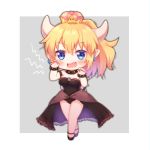  1girl :d bangs bare_shoulders black_footwear black_leotard black_nails blonde_hair blush bowsette bracelet breasts chibi collar collarbone commentary_request crown earrings eyebrows_visible_through_hair fingernails foreign_blue hair_between_eyes hands_up high_ponytail horns jewelry leotard super_mario_bros. medium_breasts mini_crown nail_polish new_super_mario_bros._u_deluxe nintendo open_mouth pointy_ears ponytail sharp_teeth shoes smile solo spiked_bracelet spiked_collar spikes standing strapless strapless_leotard super_crown teeth v-shaped_eyebrows 