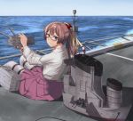  1girl blue_eyes brown_hair butter_curry cannon day grey_legwear hair_ribbon highres kantai_collection kazagumo_(kantai_collection) long_hair long_sleeves ocean outdoors pantyhose ponytail ribbon rigging school_uniform shirt sitting sky smokestack solo thigh_strap turret white_shirt 