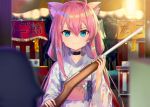  1girl ahoge animal_ears blue_eyes cat_ears choker festival gun hair_ornament hairclip hinata_channel japanese_clothes kimono long_hair low_twintails nekomiya_hinata night obi outdoors pink_hair sash smile solo soya_(torga) stall toy_gun twintails upper_body weapon white_kimono yukata 