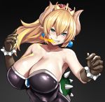  1girl absurdres bare_shoulders blonde_hair blush bowsette bracelet breasts breath_of_fire breath_of_fire_v cleavage commentary_request crown dress earrings elbow_gloves fire gloves grin hair_between_eyes highres horns huge_breasts impossible_clothes impossible_dress jewelry long_hair ponytail sharp_teeth shiny shiny_skin smile solo spiked_bracelet spikes strapless strapless_dress super_crown teeth turtle_shell yashichii 
