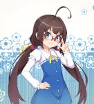  1girl ahoge bespectacled blue_eyes brown_hair closed_mouth dress eyebrows_visible_through_hair floral_background glasses hand_on_hip head_tilt highres hinatsuru_ai long_hair long_sleeves looking_at_viewer low_twintails muji_(majunduo) puffy_short_sleeves puffy_sleeves red-framed_eyewear ryuuou_no_oshigoto! school_uniform short_sleeves smile solo sparkle twintails v-shaped_eyebrows very_long_hair 