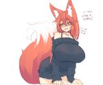  1girl :d animal_ear_fluff animal_ears bare_shoulders black_sweater blush breasts commentary dress english eyebrows_visible_through_hair fang fox_ears fox_tail hair_between_eyes highres huge_breasts large_tail leaning_forward long_hair looking_back open_mouth orange_hair original sam_(sub-res) simple_background sketch sleeves_past_wrists smile solo strapless strapless_dress sub-res sweater sweater_dress tail white_background yellow_eyes 