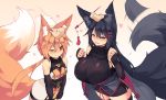  2girls ;3 absurdres animal_ear_fluff animal_ears arms_up bare_shoulders black_gloves black_hair black_legwear black_ribbon blue_eyes blush breasts bridal_gauntlets covered_collarbone disembodied_limb ear_piercing elbow_gloves eyebrows_visible_through_hair fang fox_ears fox_girl fox_tail gloves hair_between_eyes hair_ornament hair_ribbon hairclip half-closed_eye hand_on_another&#039;s_head heart highres japanese_clothes kiri_(sub-res) large_breasts large_tail long_hair long_sleeves looking_at_viewer multiple_girls notched_ear one_eye_closed orange_hair original parted_lips petting piercing red_eyes ribbon sash short_hair sleeveless small_breasts smile sub-res suzu_(sub-res) tail tail_wagging thigh-highs wide_sleeves 
