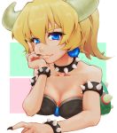  1girl arm_support artist_name bare_shoulders blonde_hair blue_eyes bowsette bracelet breasts cleavage collar collarbone commentary_request earrings eyelashes fang fingernails highres horns jewelry long_fingernails looking_at_viewer lotte_hakui super_mario_bros. middle_finger nail_polish new_super_mario_bros._u_deluxe nintendo ponytail shell solo spiked_armlet spiked_bracelet spiked_collar spikes upper_body 