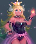  1girl bare_shoulders blonde_hair blue_eyes bowsette bracelet breasts cleavage collar crown dress earrings fire genderswap genderswap_(mtf) highres horns jewelry large_breasts looking_at_viewer ponytail red_skin segamark sharp_teeth shell solo spiked_bracelet spiked_collar spikes super_crown teeth 