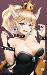  1girl bare_shoulders blonde_hair blue_eyes bowsette bracelet breasts cleavage collar crown dress earrings horns jewelry large_breasts looking_at_viewer super_mario_bros. nintendo ponytail sharp_teeth shell solo spiked_bracelet spiked_collar spikes super_crown tail teeth 