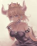  1girl bare_shoulders black_dress blonde_hair blue_eyes bowsette bracelet breasts cleavage collar crown dress earrings hand_up horns jewelry large_breasts looking_at_viewer super_mario_bros. new_super_mario_bros._u_deluxe nintendo ponytail shell smile solo spiked_bracelet spiked_collar spikes super_crown tea-supun upper_body 