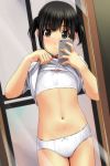  1girl bangs black_hair black_legwear blush bow bow_bra bow_panties bra cellphone collared_shirt commentary_request dutch_angle eyebrows_visible_through_hair highres holding holding_cellphone holding_phone lifted_by_self matsunaga_kouyou mirror navel no_pants nose_blush original panties parted_lips phone reflection self_shot shirt shirt_lift short_hair short_twintails sidelocks solo taking_picture twintails underwear white_bra white_panties white_shirt 