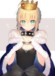  1girl antenna_hair artoria_pendragon_(all) bangs blush bowsette_(cosplay) braid breasts choker cleavage collarbone cosplay cowl crown dress embarrassed eyebrows_visible_through_hair fate/grand_order fate_(series) green_eyes hair_between_eyes highres kirie_nozomi looking_at_viewer saber short_hair simple_background small_breasts solo 