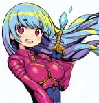  1girl blue_hair breasts gloves ice kula_diamond long_hair looking_at_viewer medium_breasts open_mouth red_eyes shunin smile solo the_king_of_fighters 