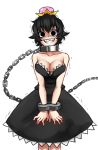  1girl :d bare_shoulders black_dress black_eyes black_hair breasts chains cleavage collar collarbone commentary crown cuffs dress english_commentary eyebrows_visible_through_hair grin large_breasts looking_at_viewer super_mario_bros. new_super_mario_bros._u_deluxe nintendo open_mouth princess_chain_chomp shackles sharp_teeth short_hair simple_background smile solo strapless strapless_dress super_crown teeth trembling twrlare white_background 