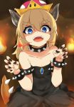  1girl bare_shoulders black_dress black_nails blonde_hair blue_eyes bowsette child collarbone crown dress eyebrows_visible_through_hair fangs fire flat_chest genderswap genderswap_(mtf) horns leaning_forward looking_at_viewer super_mario_bros. nail_polish new_super_mario_bros._u_deluxe nintendo open_mouth paw_pose ponytail sleeveless sleeveless_dress solo spikes strapless strapless_dress super_crown super_mario_bros. tahita1874 teeth thick_eyebrows upper_body 