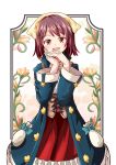  1girl atelier_(series) atelier_sophie blush bow brown_eyes brown_hair eyebrows_visible_through_hair flower green_bow highres long_sleeves looking_at_viewer open_mouth rayhwang short_hair smile solo sophie_neuenmuller 