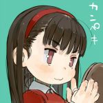  1girl blue_background brown_hair closed_mouth collared_shirt dress ebimomo eyebrows_visible_through_hair fingernails hairband holding long_hair looking_at_viewer lowres original portrait red_dress red_eyes red_hairband shirt simple_background smile solo wing_collar 