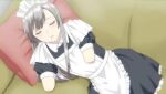  apron artist_request bangs black_dress bow bowtie closed_eyes closed_mouth couch dress long_hair lying maid no_arms no_hands no_legs original pillow sleeping source_request white_apron white_hair white_neckwear 