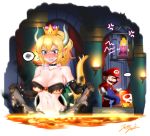  1boy 2girls anger_vein armlet bare_shoulders blonde_hair blood blue_eyes blush bowsette bracelet burnt_clothes buttons cage castle collar crown dress earrings game genderswap genderswap_(mtf) highres horns jazzjack jewelry mario super_mario_bros. molten_rock multiple_girls new_super_mario_bros._u_deluxe nintendo nosebleed pointy_ears ponytail princess_peach sharp_teeth spiked_bracelet spiked_collar spikes super_crown super_mario_bros. tail tears teeth torch turtle_shell 