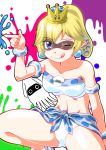  1girl ;) armlet bangs bare_shoulders bikini blonde_hair blooper blue_eyes bracelet breasts closed_mouth collarbone commentary_request crown dual_persona earrings eyebrows_visible_through_hair horizontal_pupils jewelry kumarno looking_at_viewer super_mario_bros. medium_breasts navel new_super_mario_bros._u_deluxe nintendo one_eye_closed paint_splatter pointy_ears ponytail short_hair smile solo squid suction_cups super_crown super_mario_bros. swimsuit tentacle_hair thighs tongue tongue_out white_bikini 