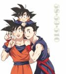  3boys :d arm_rest black_eyes black_hair blush brothers commentary crossed_arms dougi dragon_ball dragonball_z eyebrows_visible_through_hair father_and_son fingernails happy long_sleeves looking_at_viewer male_focus multiple_boys number number_pun open_mouth pinki_(shounenkakuseiya) short_hair siblings simple_background sleeveless smile son_gohan son_gokuu son_goten spiky_hair upper_body v white_background wristband 
