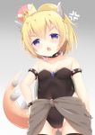  1girl anger_vein ass_visible_through_thighs bangs bare_shoulders black_legwear black_leotard blonde_hair blue_eyes bowsette bracelet breasts collar collarbone covered_navel crown eyebrows_visible_through_hair fang gradient gradient_background grey_background hair_between_eyes hand_on_hip head_tilt high_ponytail highres horns jewelry kittipat_jituatakul leotard looking_at_viewer super_mario_bros. mini_crown new_super_mario_bros._u_deluxe nintendo open_mouth ponytail small_breasts solo spiked_bracelet spiked_collar spiked_tail spikes strapless strapless_leotard super_crown tail thigh-highs tilted_headwear v-shaped_eyebrows white_background 