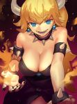  1girl bangs bare_shoulders black_shirt blonde_hair blue_eyes bowsette bracelet breasts cleavage collar commentary_request danann earrings eyebrows_visible_through_hair fire highres horns jewelry large_breasts leaning_forward long_hair looking_at_viewer super_mario_bros. new_super_mario_bros._u_deluxe nintendo open_mouth ponytail sharp_nails shirt solo spiked_armlet spiked_bracelet spiked_collar spikes strapless_shirt 