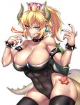  1girl armlet bangs bare_shoulders black_collar black_legwear black_leotard black_nails blonde_hair blue_eyes bowsette bracelet breasts breathing_fire cleavage collar collarbone covered_navel crown earrings eyebrows_visible_through_hair fang fingernails fire gem grin hair_between_eyes hands_up highleg highleg_leotard highres horns jewelry large_breasts leotard long_hair looking_at_viewer super_mario_bros. nail_polish nasaniliu new_super_mario_bros._u_deluxe nintendo pointy_ears ponytail sharp_fingernails shell shiny shiny_hair sidelocks simple_background smile solo spiked_bracelet spiked_collar spikes standing strapless strapless_leotard super_crown tail tattoo thigh-highs tsurime v-shaped_eyebrows white_background 