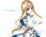  1girl alice_schuberg apron blonde_hair blue_eyes blue_skirt copyright_name cube dress_shirt floating_hair getsuyoubi hairband highres long_hair parted_lips shirt short_sleeves simple_background skirt solo standing sword_art_online very_long_hair white_apron white_background white_hairband 