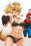1boy 1girl abs bikini black_bikini black_gloves blonde_hair blue_eyes bowser bowsette boxing_gloves breasts cabbie_hat cleavage collar collarbone cowboy_shot crown earrings facial_hair fang fire genderswap genderswap_(mtf) gloves hat heart highres horns jewelry large_breasts looking_at_viewer mario muscle muscular_female mustache navel new_super_mario_bros._u_deluxe nintendo nonoririn ponytail shirt_pull smile solo spiked_collar spikes stomach super_crown super_mario_bros. sweat swimsuit tail teeth tomboy toned under_boob
