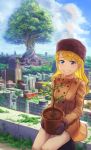  1girl absurdres blonde_hair blue_eyes blue_sky brown_hat day hat highres kurageso looking_at_viewer original outdoors plant potted_plant scenery sitting sky solo tree 