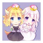  2girls :d bangs black_dress blonde_hair blue_eyes blush bowsette bracelet breasts caramel_(caramelmilk) cleavage closed_mouth collar commentary_request crown dress elbow_gloves eyebrows_visible_through_hair fang fang_out gloves hair_between_eyes hands_on_hips hands_up high_ponytail horns jewelry large_breasts long_hair luigi&#039;s_mansion super_mario_bros. mini_crown multiple_girls new_super_mario_bros._u_deluxe nintendo open_mouth pointy_ears ponytail princess_king_boo puffy_short_sleeves puffy_sleeves purple_background sharp_teeth short_sleeves silver_hair smile spiked_bracelet spiked_collar spiked_shell spikes strapless strapless_dress super_crown tail teeth tongue tongue_out turtle_shell twitter_username two-tone_background very_long_hair violet_eyes white_background white_dress white_gloves 