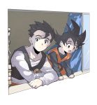  2boys :d arm_rest black_eyes black_hair book brothers crossed_arms curtains dougi dragon_ball dragonball_z expressionless floating_hair happy indoors long_sleeves looking_down male_focus multiple_boys open_mouth open_window pinki_(shounenkakuseiya) shaded_face shirt short_hair siblings smile son_gohan son_goten spiky_hair waistcoat white_shirt wind wind_lift window 